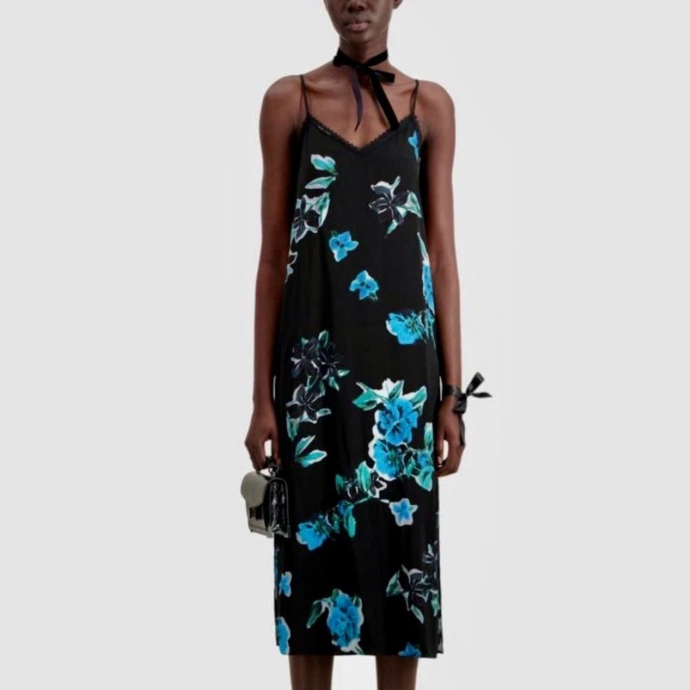 THE KOOPLES French Luxury Long Printed Black Slip Dress With Teal Floral